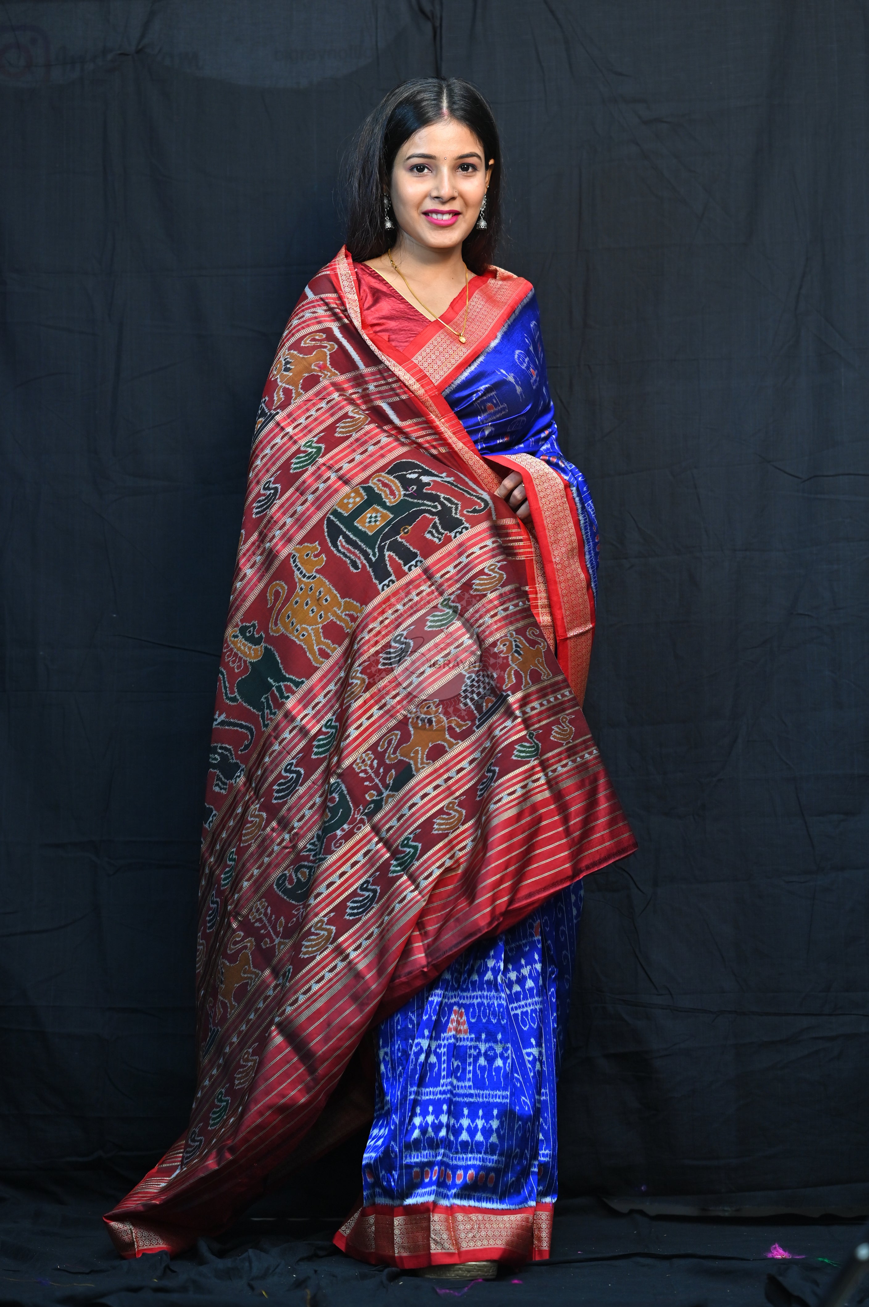 Blue Red Tribal Houses Mulberry Silk Saree