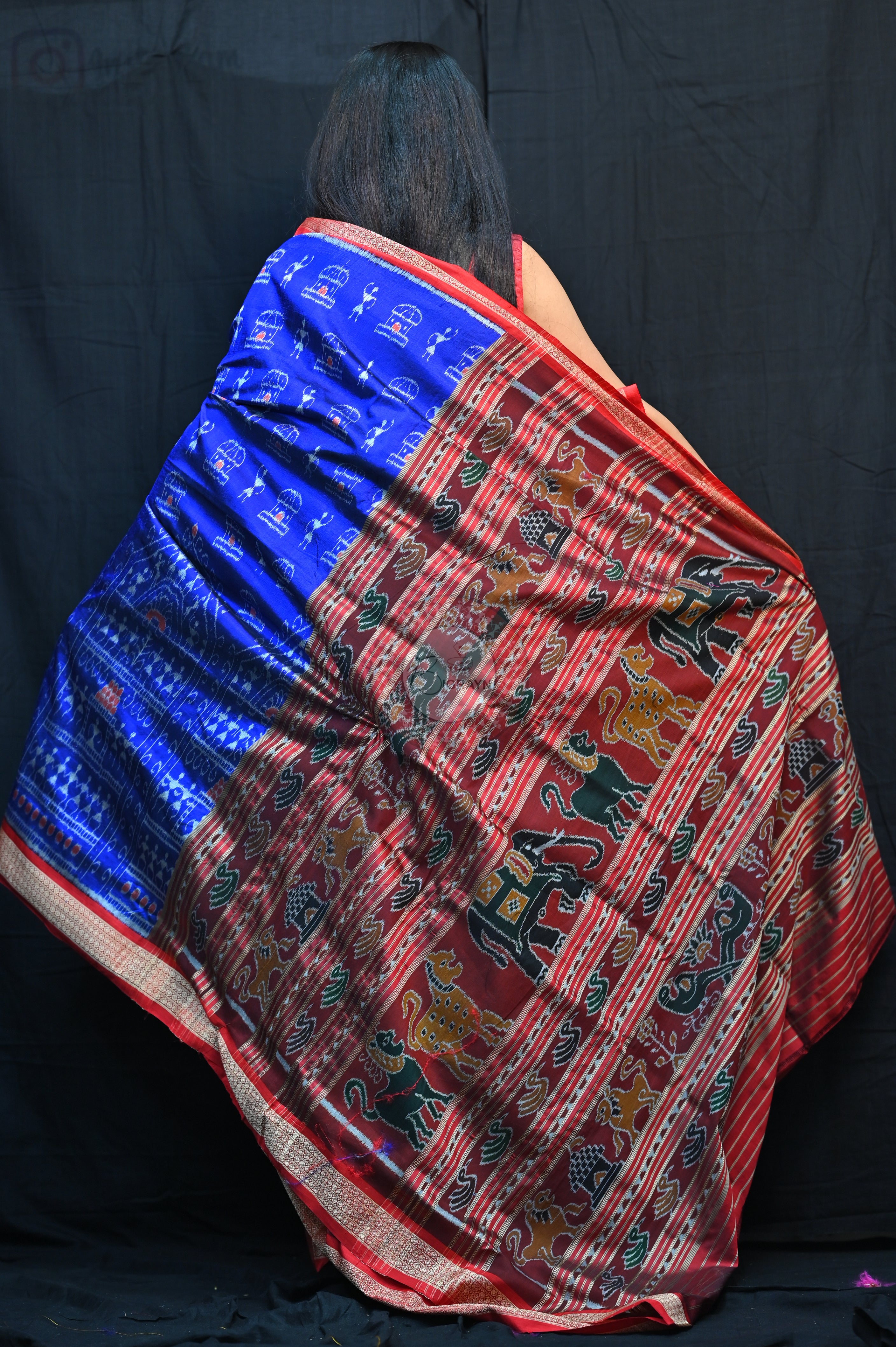 Blue Red Tribal Houses Mulberry Silk Saree