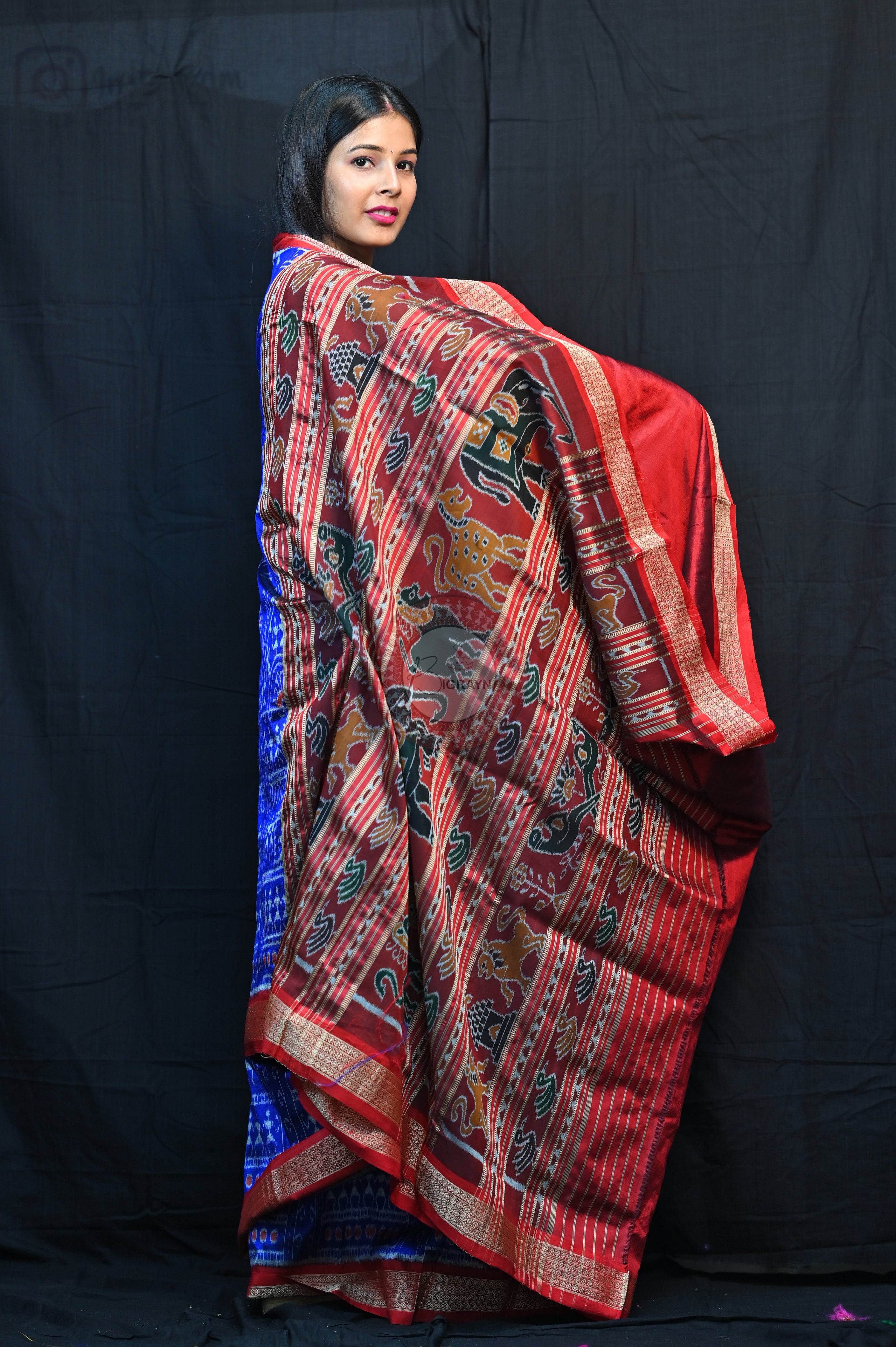Blue Red Tribal Houses Mulberry Silk Saree