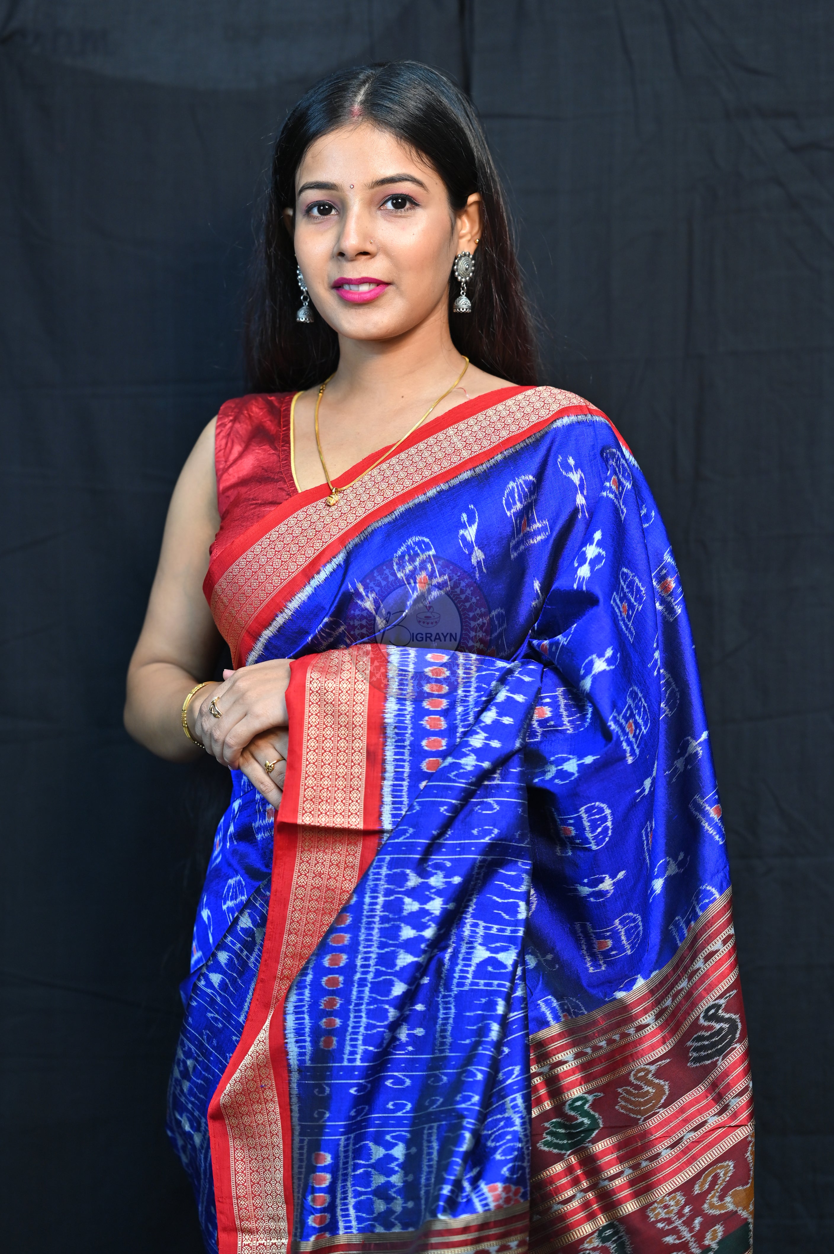 Blue Red Tribal Houses Mulberry Silk Saree