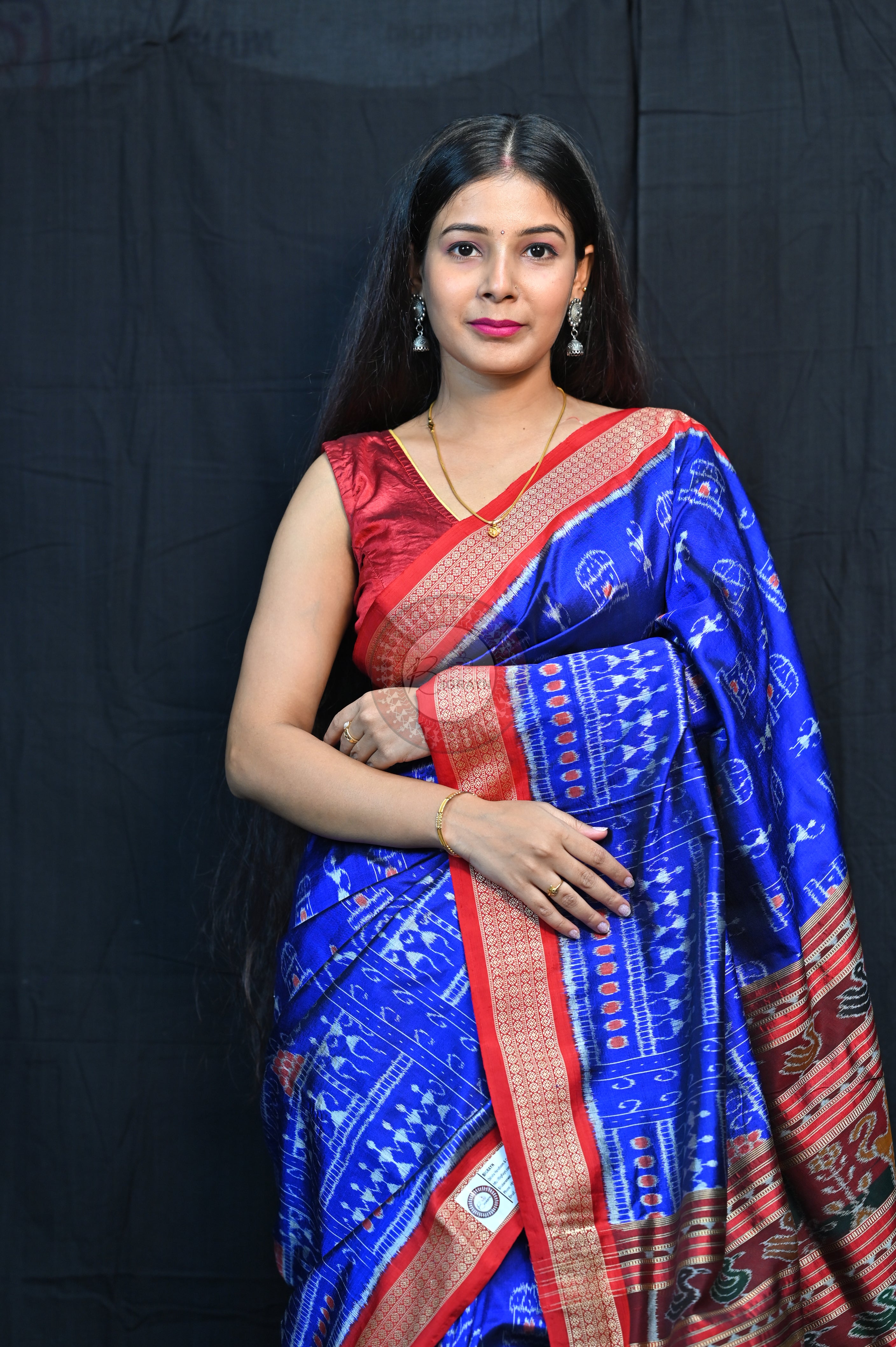 Blue Red Tribal Houses Mulberry Silk Saree