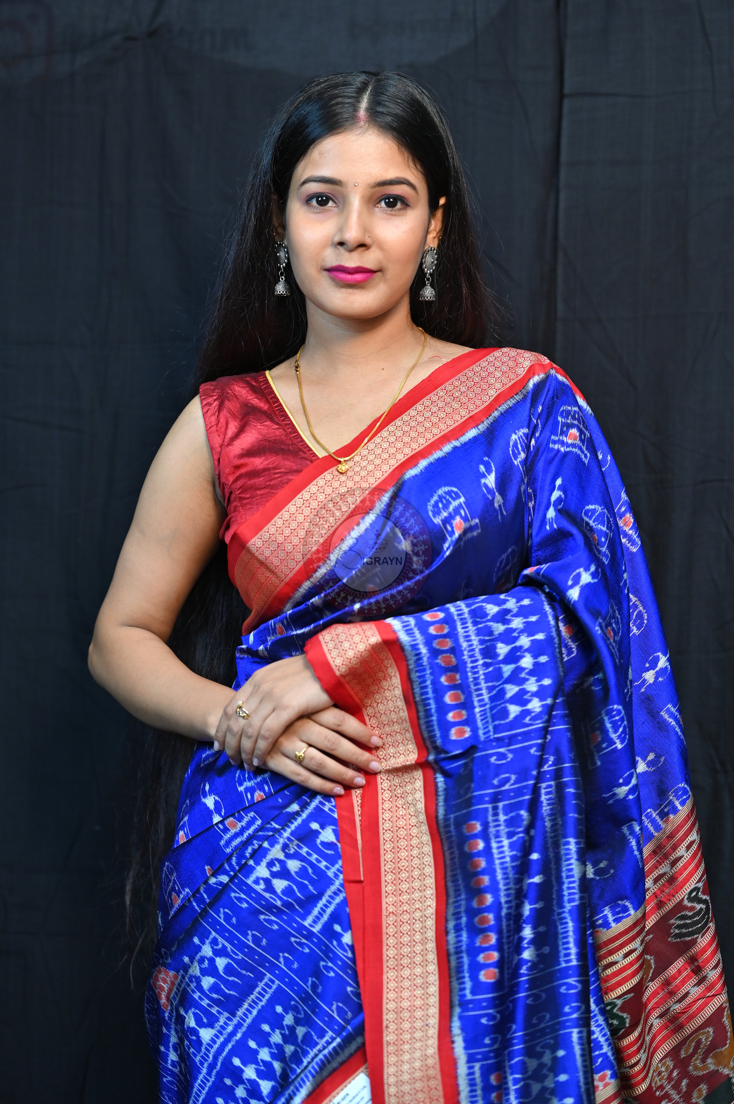 Blue Red Tribal Houses Mulberry Silk Saree
