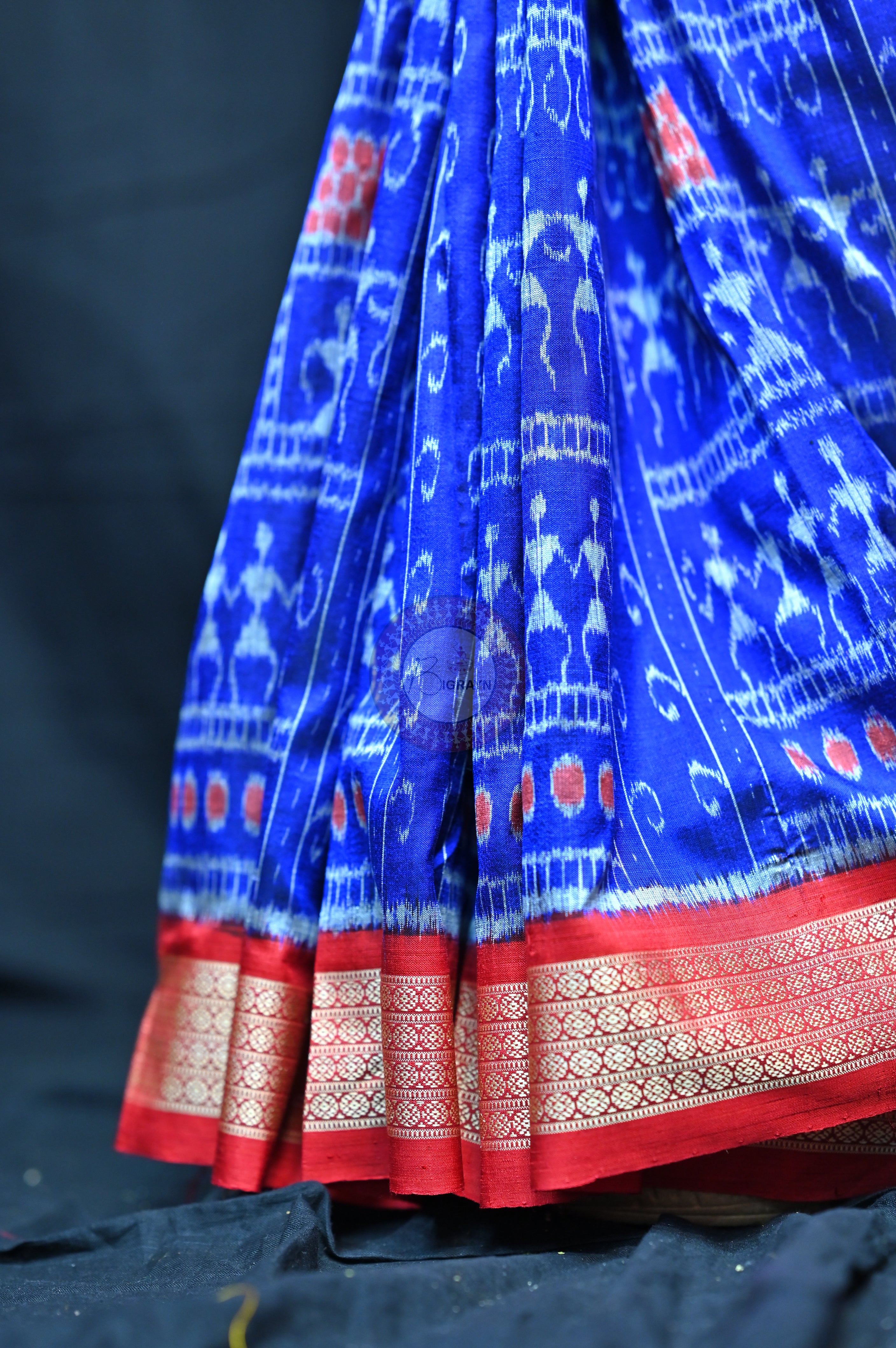 Blue Red Tribal Houses Mulberry Silk Saree