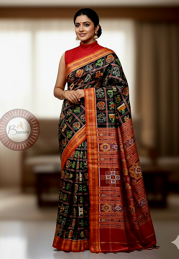 Black Red Nabakothi Design Khandua Silk Saree