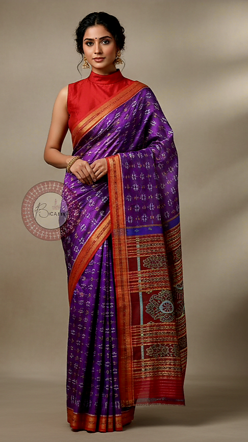 Purple Red Tribal Design Khandua Silk Saree