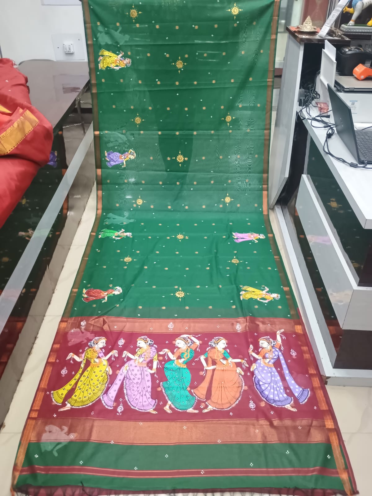Green Maroon Dancer Theme Hand-painted Pattachitra South Cotton Saree