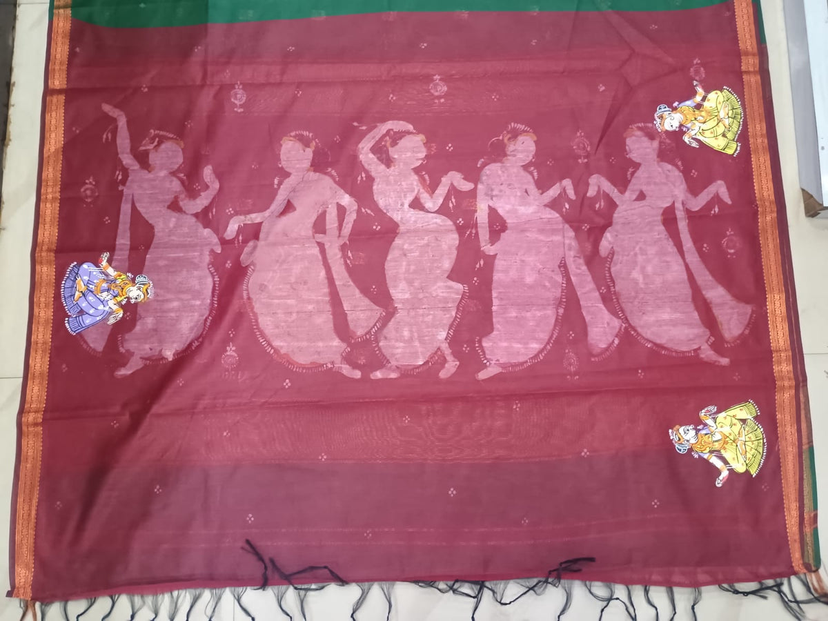 Green Maroon Dancer Theme Hand-painted Pattachitra South Cotton Saree