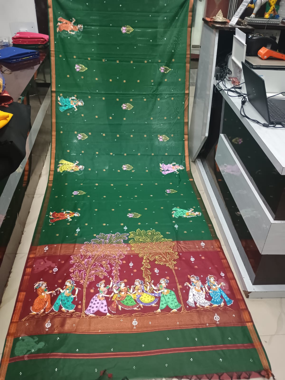Green & Maroon Hand-Painted Pattachitra Saree – South Cotton Raja Doli Theme