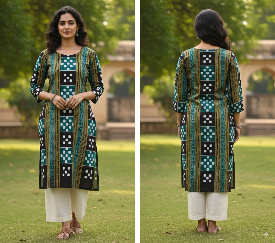Green Pasapali Designer Double Side Sambalpuri A-Line Kurti
