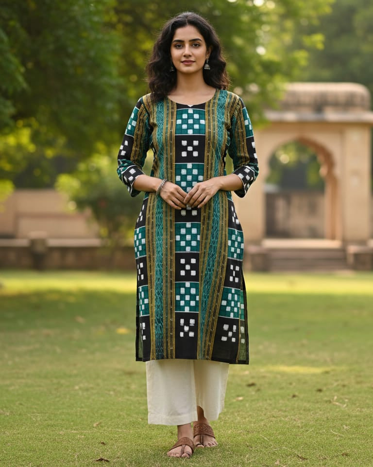 Green Pasapali Designer Double Side Sambalpuri A-Line Kurti