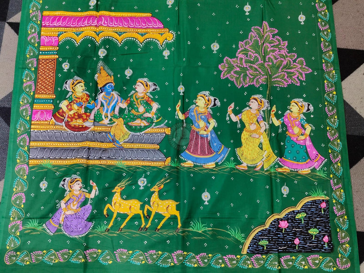 Green Radha Krishna Astana Rasa Theme Pattachitra Khadi Silk Saree