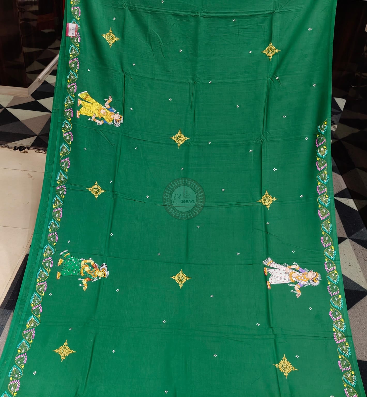 Green Radha Krishna Astana Rasa Theme Pattachitra Khadi Silk Saree