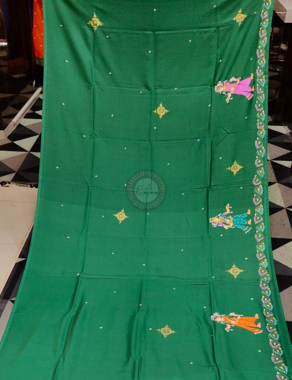 Green Radha Krishna Astana Rasa Theme Pattachitra Khadi Silk Saree