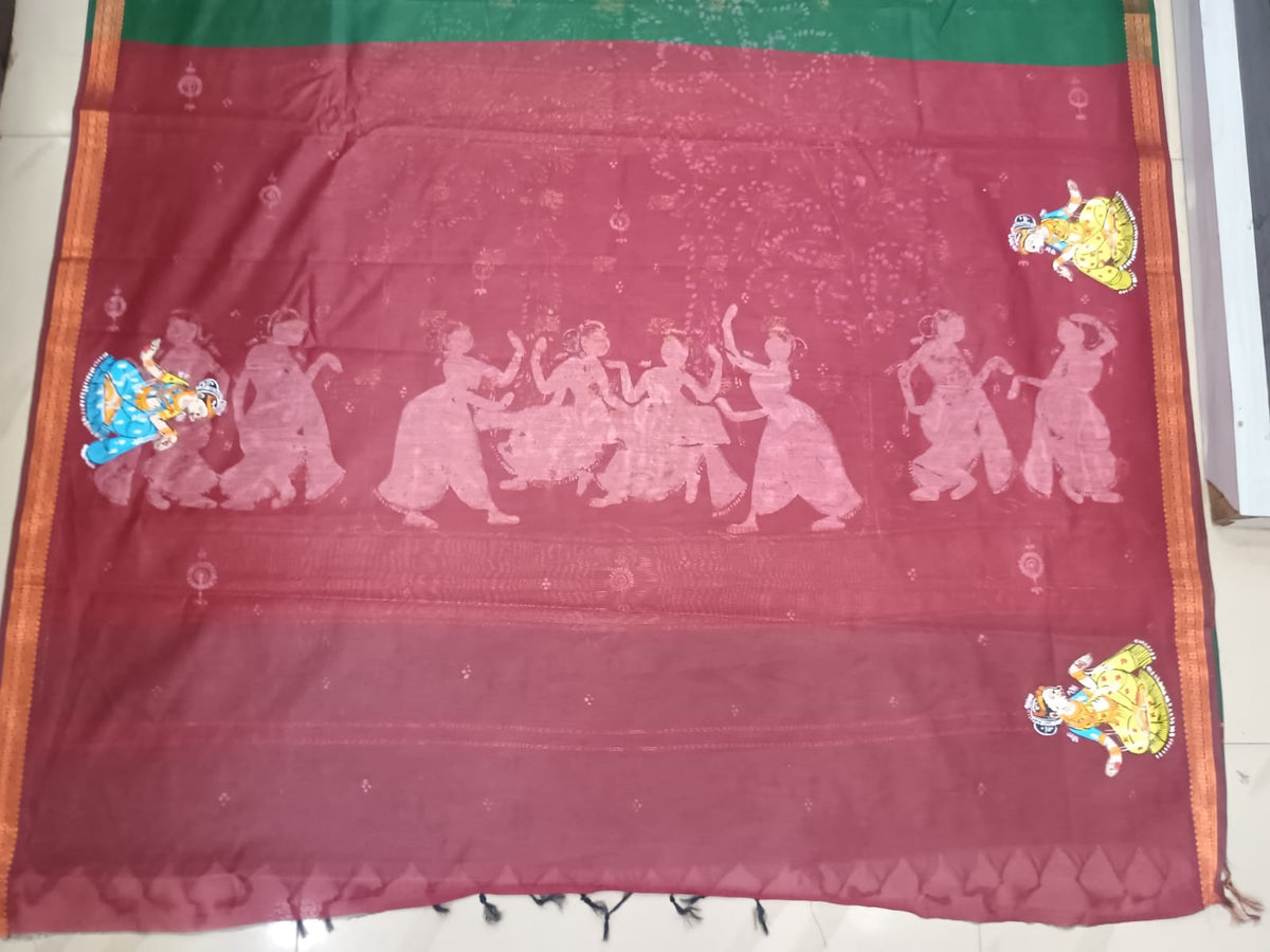 Green & Maroon Hand-Painted Pattachitra Saree – South Cotton Raja Doli Theme