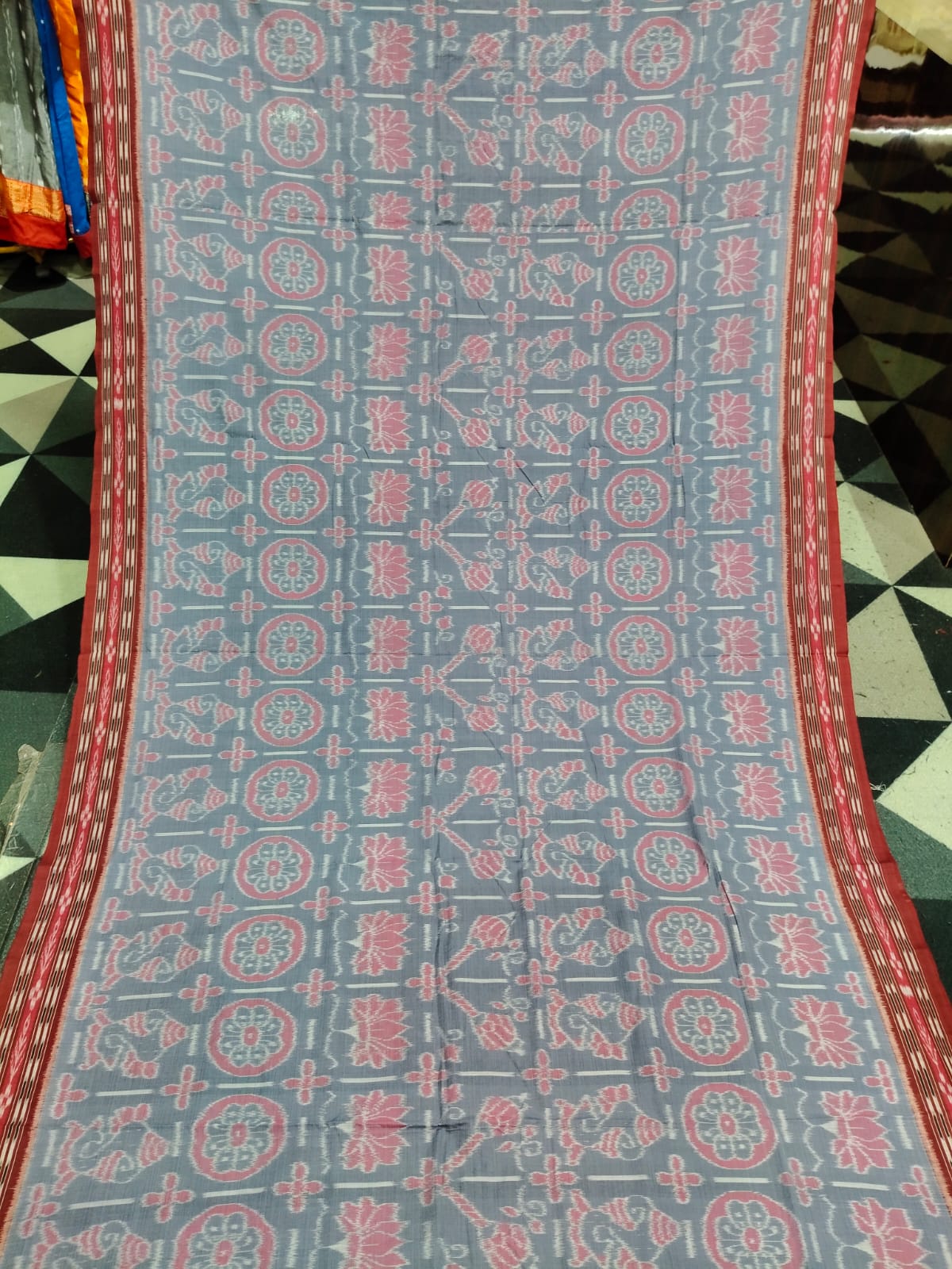 Grey Maroon Traditional Motif  Design Khandua Cotton Saree