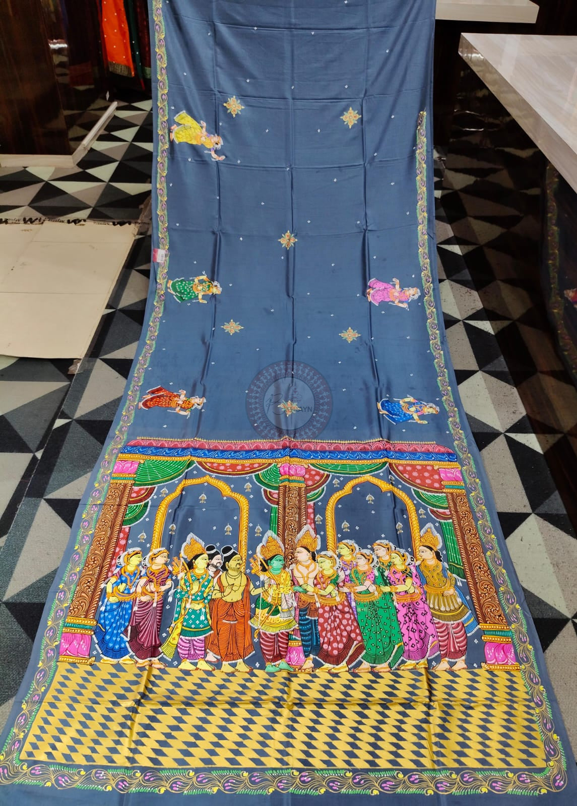Grey Ram Sita Vivah Theme Pattachitra Khadi Silk Saree