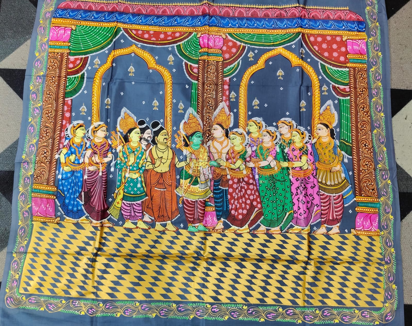 Grey Ram Sita Vivah Theme Pattachitra Khadi Silk Saree