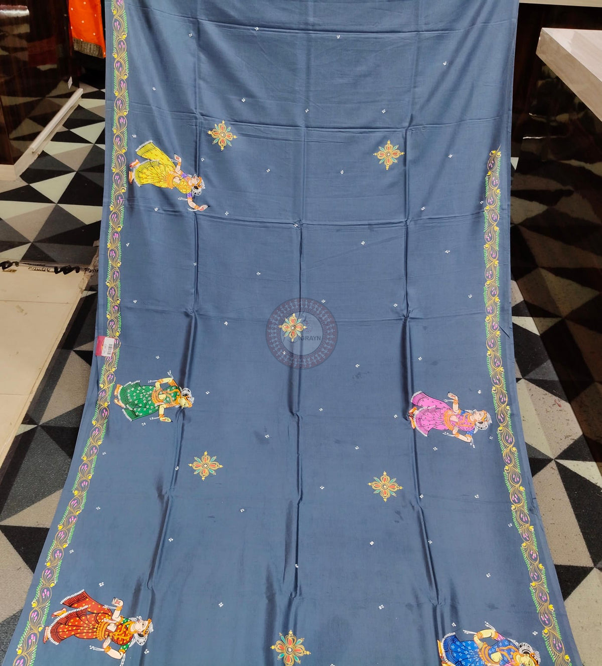 Grey Ram Sita Vivah Theme Pattachitra Khadi Silk Saree