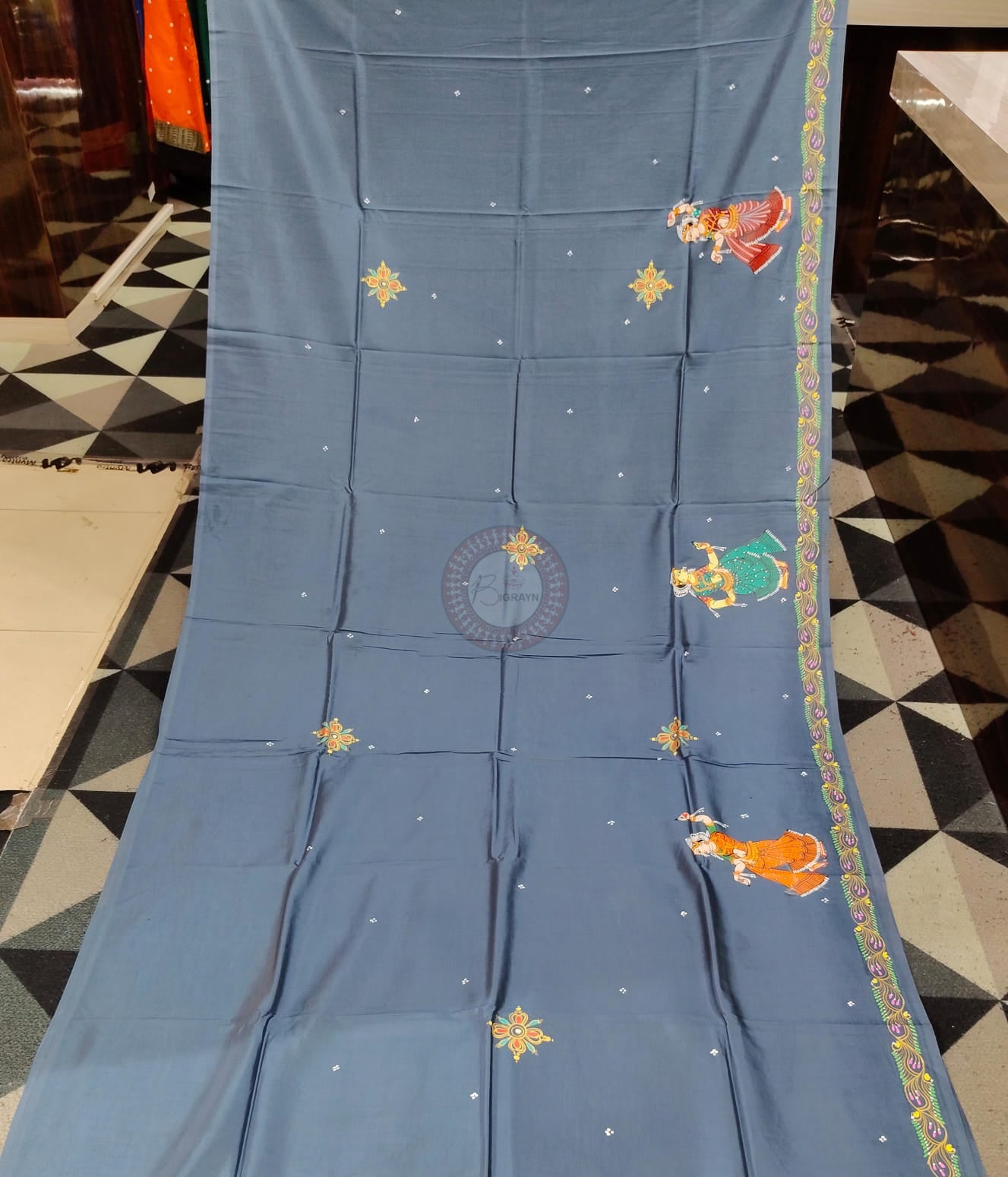 Grey Ram Sita Vivah Theme Pattachitra Khadi Silk Saree