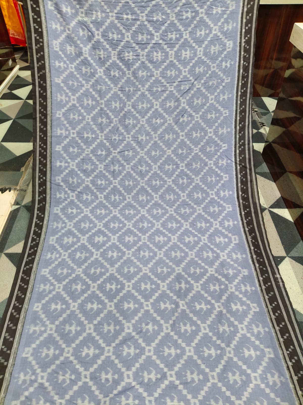 Grey Black Cross Tribal Design  Khandua Cotton Saree