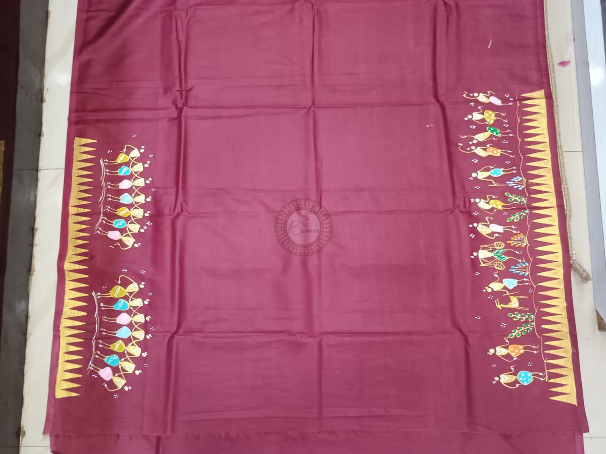Maroon Tribal Family Theme Khadi Silk Hand-Painted Pattachitra Saree | Traditional Odisha Art | Bigrayn Handloom