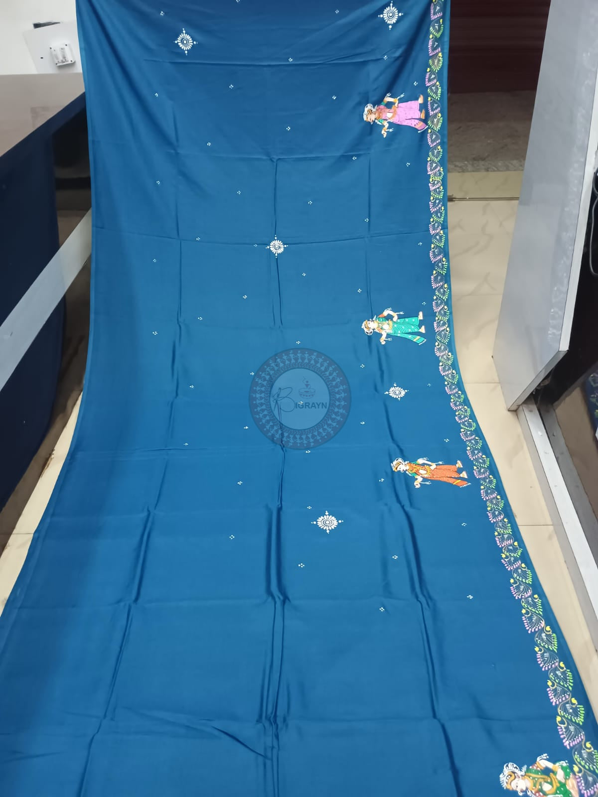 Teal Blue Nabakeli Boita Theme Khadi Silk Hand-Painted Pattachitra Saree | Traditional Odisha Art | Bigrayn Handloom