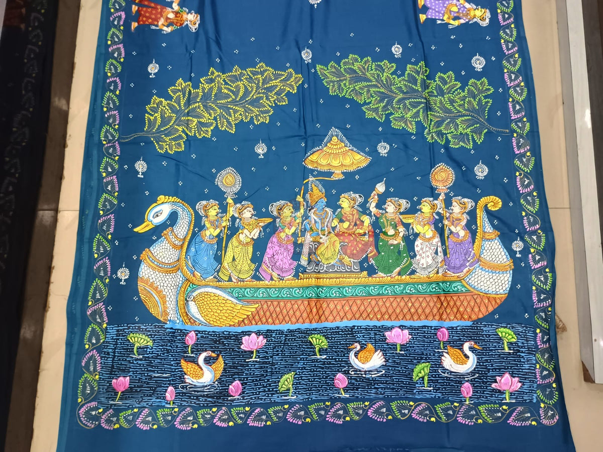Teal Blue Nabakeli Boita Theme Khadi Silk Hand-Painted Pattachitra Saree | Traditional Odisha Art | Bigrayn Handloom