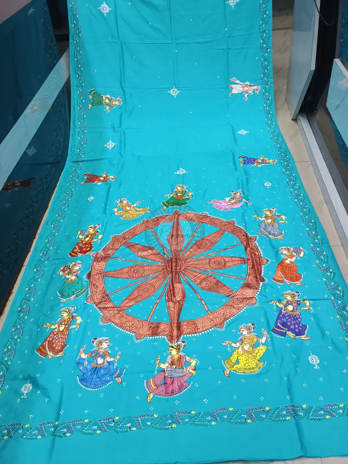 Copper Sulphate Konark Wheel And Dancer Theme Khadi Silk Hand-Painted Pattachitra Saree | Traditional Odisha Art | Bigrayn Handloom