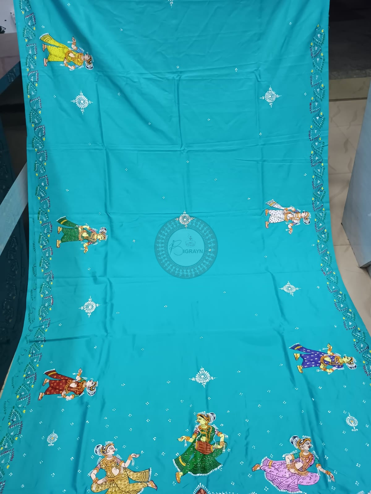 Copper Sulphate Konark Wheel And Dancer Theme Khadi Silk Hand-Painted Pattachitra Saree | Traditional Odisha Art | Bigrayn Handloom