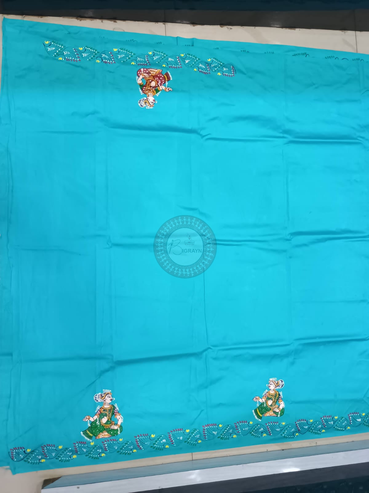 Copper Sulphate Konark Wheel And Dancer Theme Khadi Silk Hand-Painted Pattachitra Saree | Traditional Odisha Art | Bigrayn Handloom
