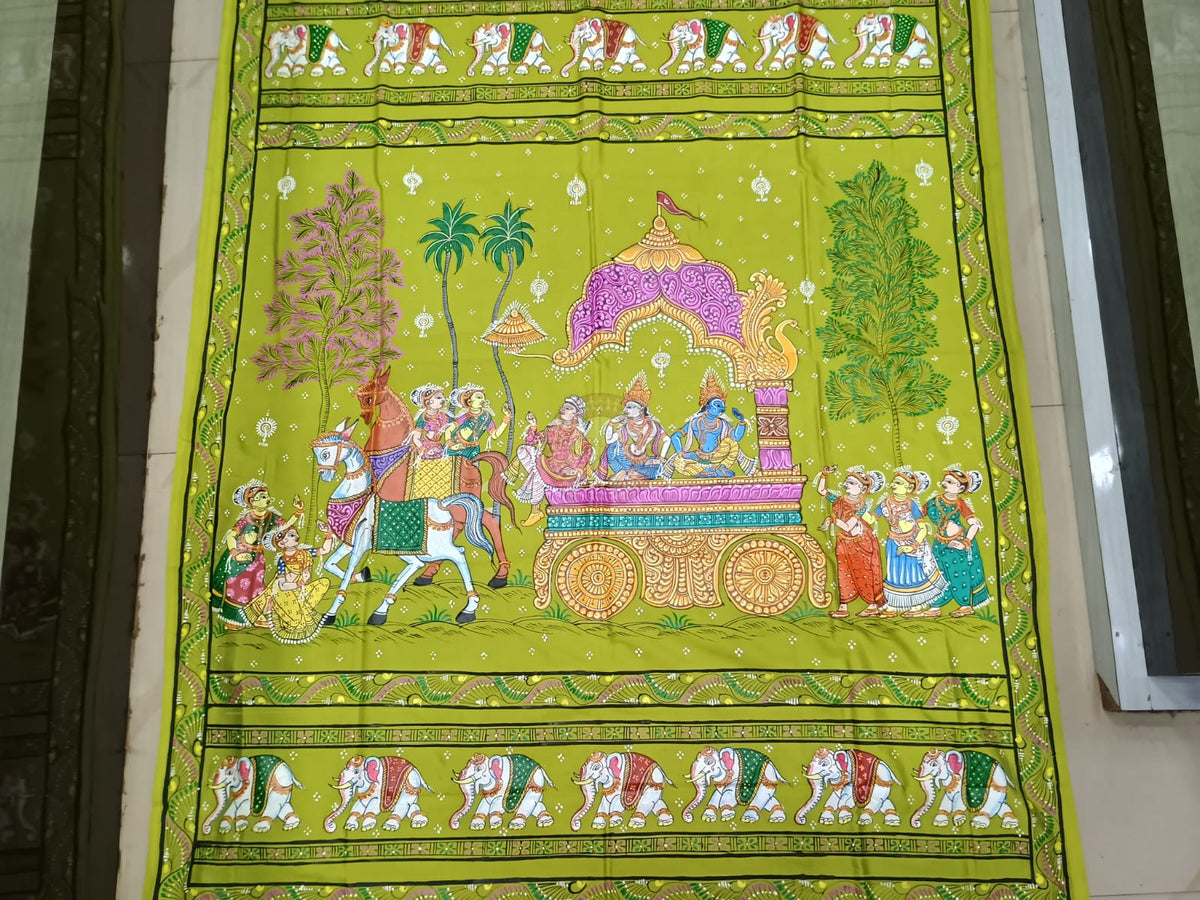 Neon Green Mathura Vijay Theme Khadi Silk Hand-Painted Pattachitra Saree | Traditional Odisha Art | Bigrayn Handloom