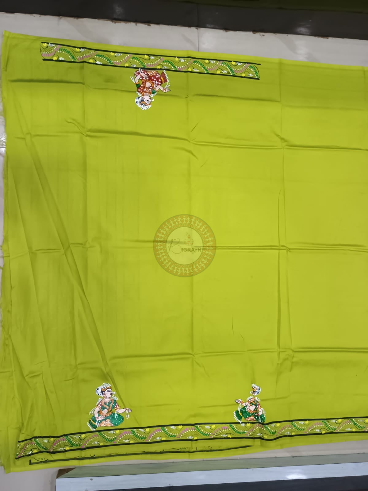 Neon Green Mathura Vijay Theme Khadi Silk Hand-Painted Pattachitra Saree | Traditional Odisha Art | Bigrayn Handloom