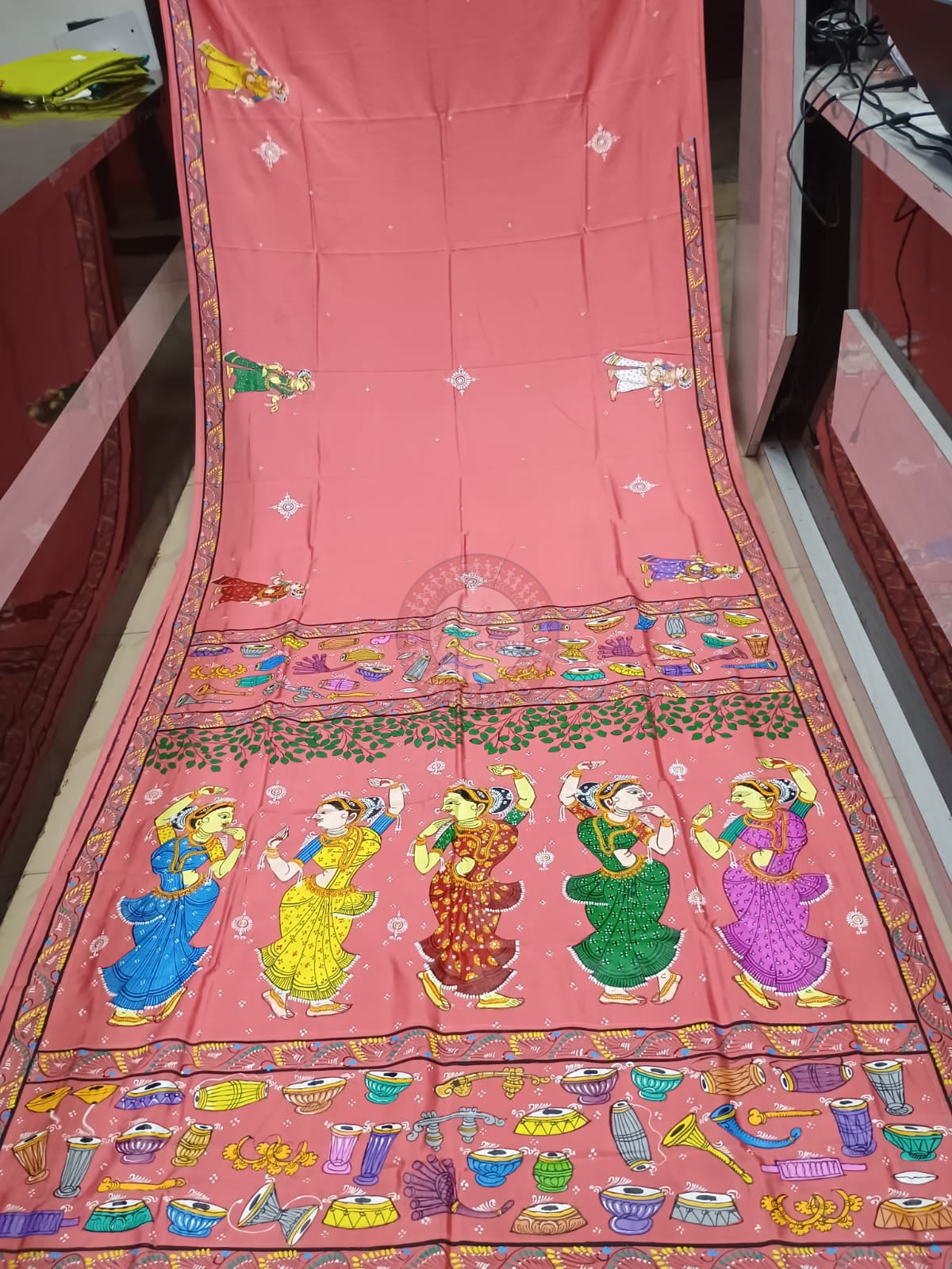 Peach Dancer And Musical Instrument Theme Khadi Silk Hand-Painted Pattachitra Saree | Traditional Odisha Art | Bigrayn Handloom