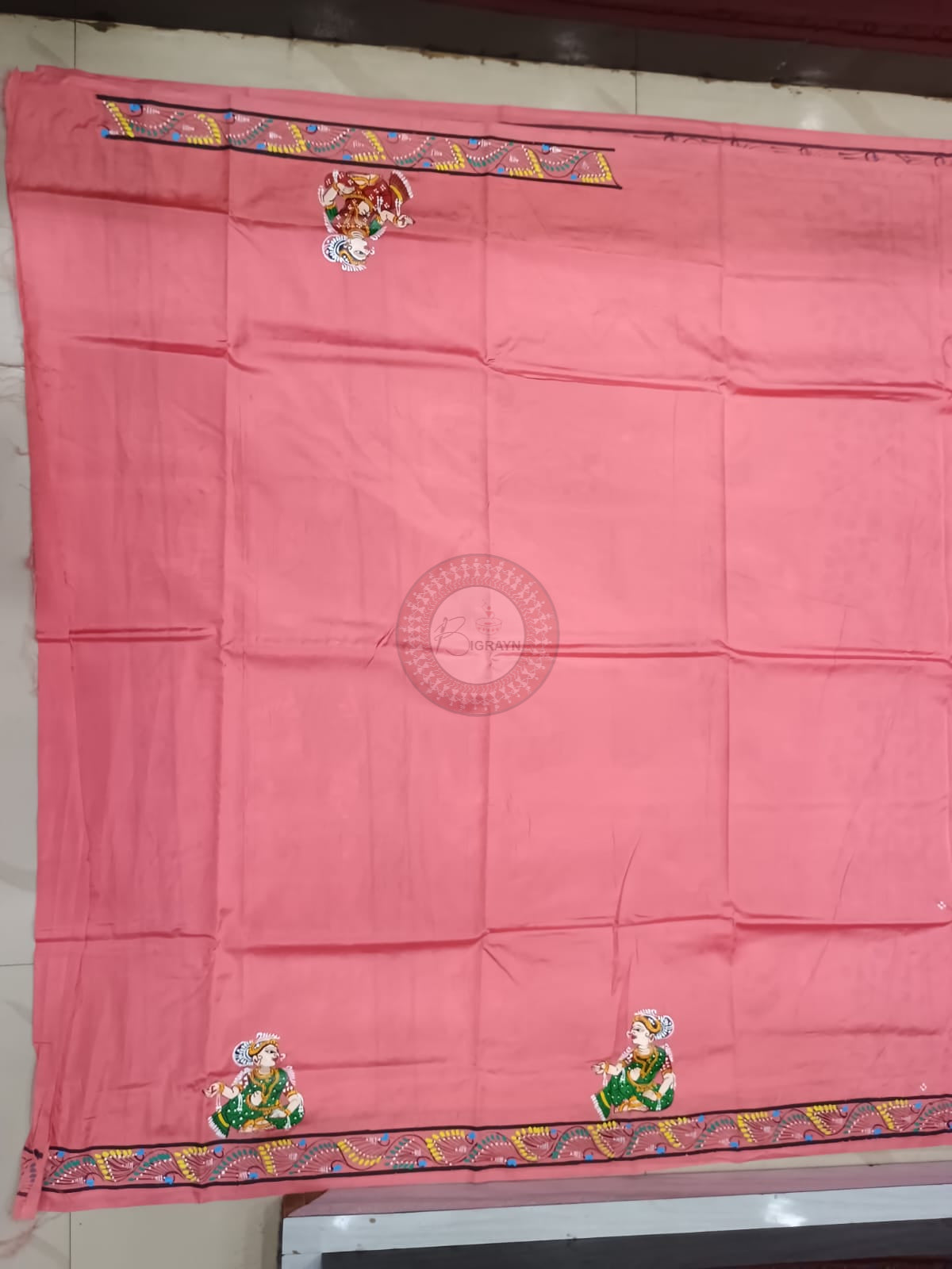 Peach Dancer And Musical Instrument Theme Khadi Silk Hand-Painted Pattachitra Saree | Traditional Odisha Art | Bigrayn Handloom