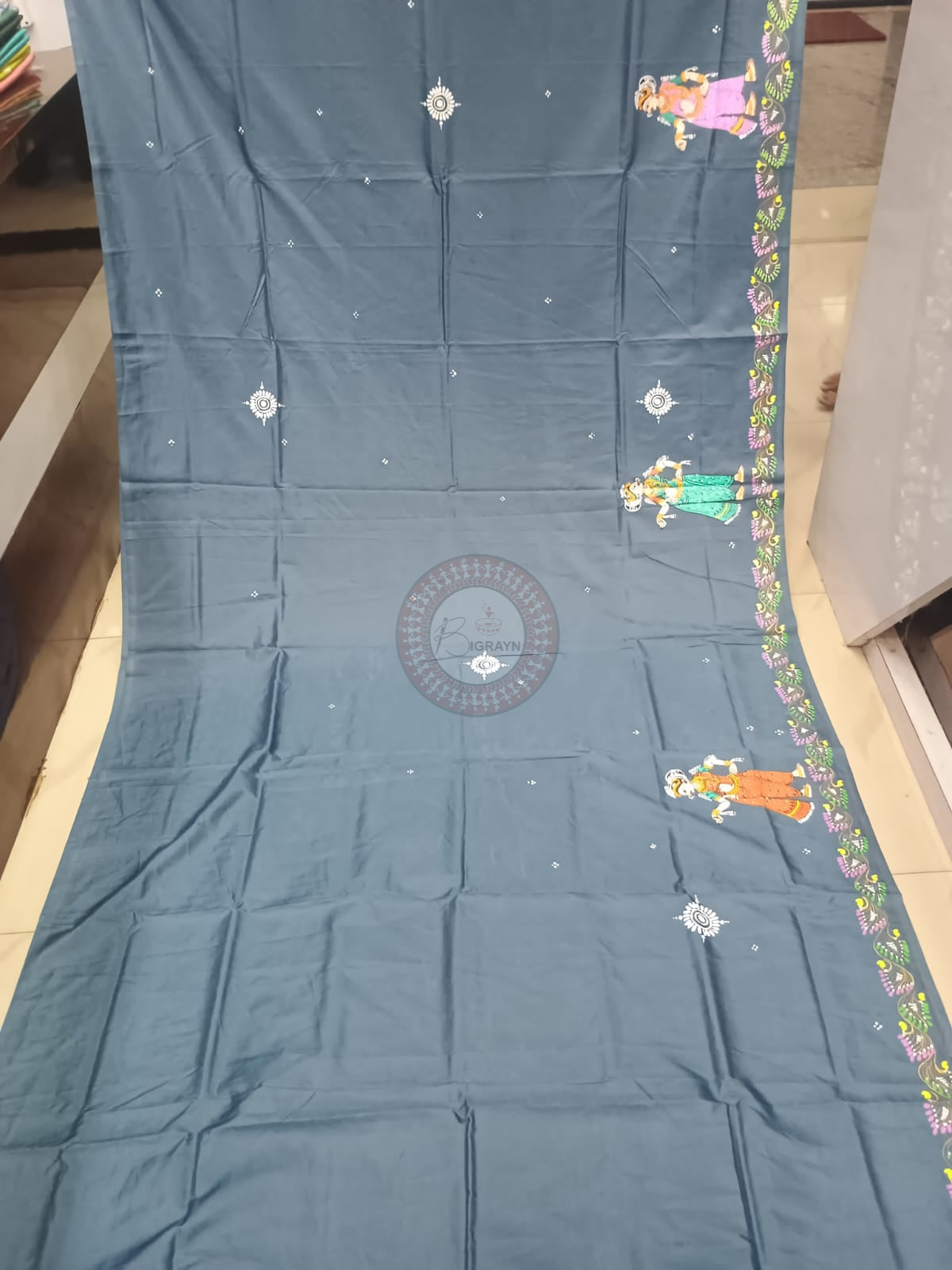 Grey Village Theme Khadi Silk Hand-Painted Pattachitra Saree | Traditional Odisha Art | Bigrayn Handloom