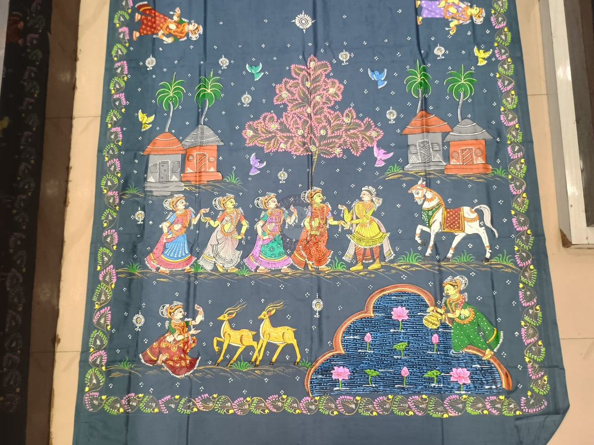 Grey Village Theme Khadi Silk Hand-Painted Pattachitra Saree | Traditional Odisha Art | Bigrayn Handloom