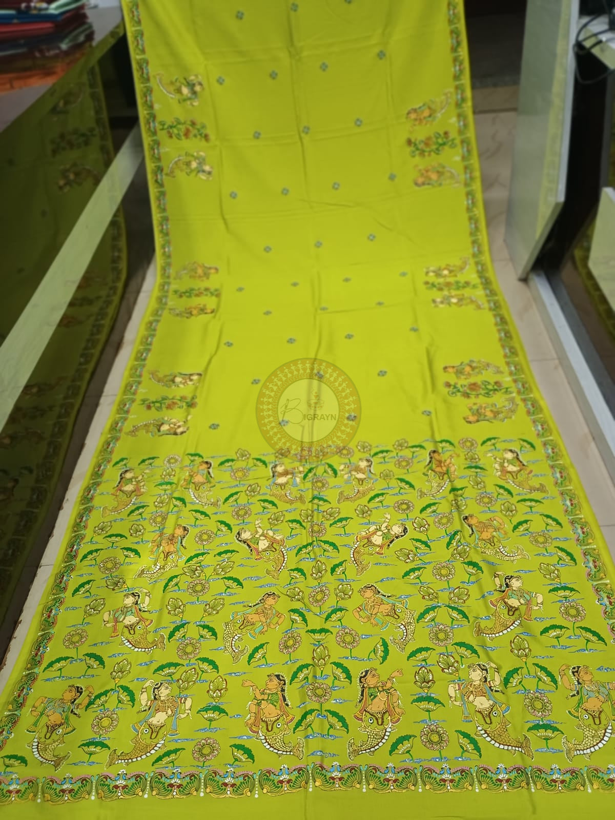 Neon Green Fine Art Mastya Kanya Theme Khadi Silk Hand-Painted Pattachitra Saree | Traditional Odisha Art | Bigrayn Handloom