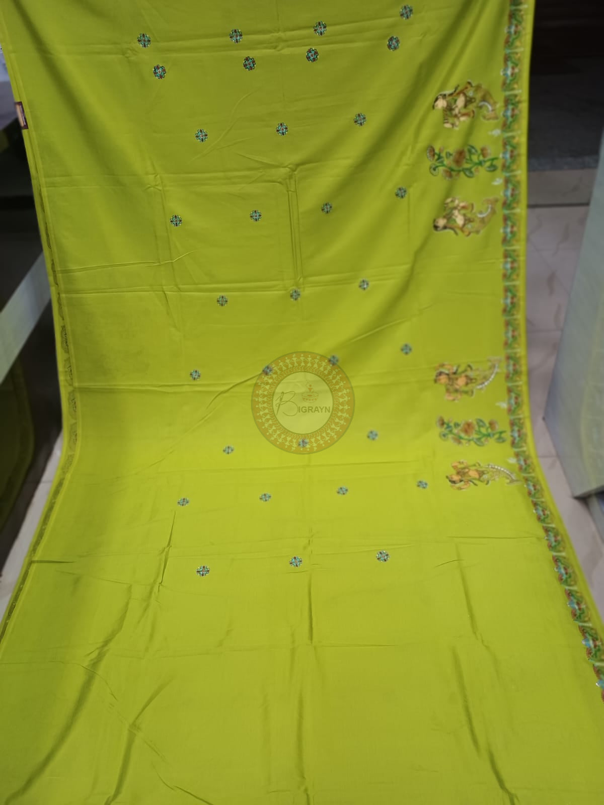 Neon Green Fine Art Mastya Kanya Theme Khadi Silk Hand-Painted Pattachitra Saree | Traditional Odisha Art | Bigrayn Handloom
