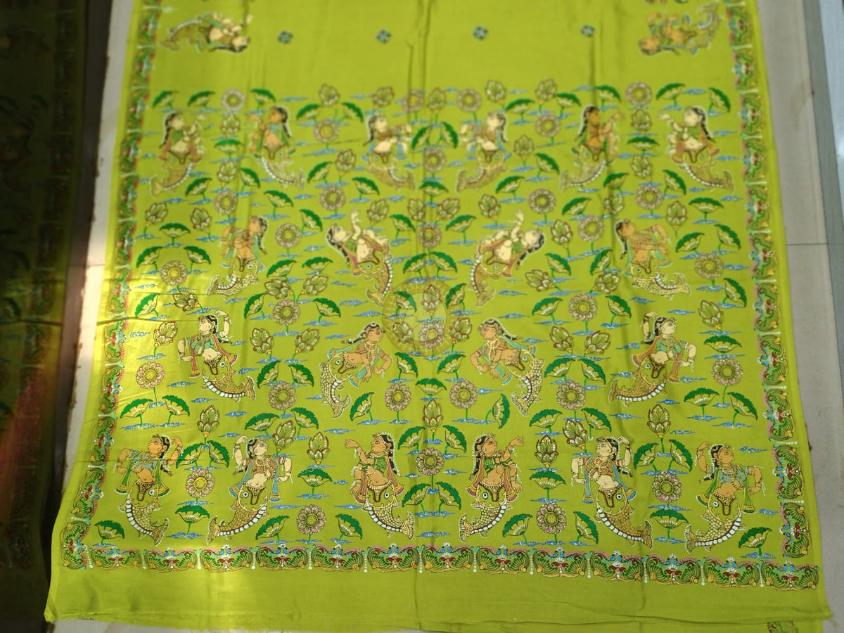 Neon Green Fine Art Mastya Kanya Theme Khadi Silk Hand-Painted Pattachitra Saree | Traditional Odisha Art | Bigrayn Handloom