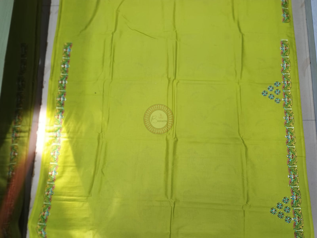Neon Green Fine Art Mastya Kanya Theme Khadi Silk Hand-Painted Pattachitra Saree | Traditional Odisha Art | Bigrayn Handloom