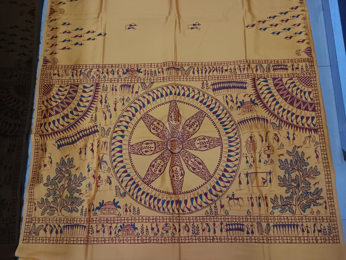 Mustard Yellow Tribal Konark Theme Khadi Silk Hand-Painted Pattachitra Saree | Traditional Odisha Art | Bigrayn Handloom
