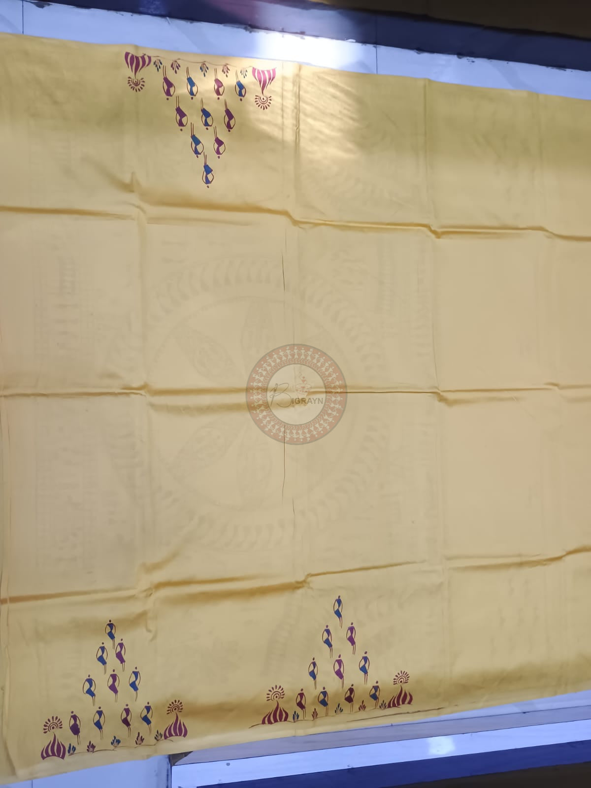 Mustard Yellow Tribal Konark Theme Khadi Silk Hand-Painted Pattachitra Saree | Traditional Odisha Art | Bigrayn Handloom