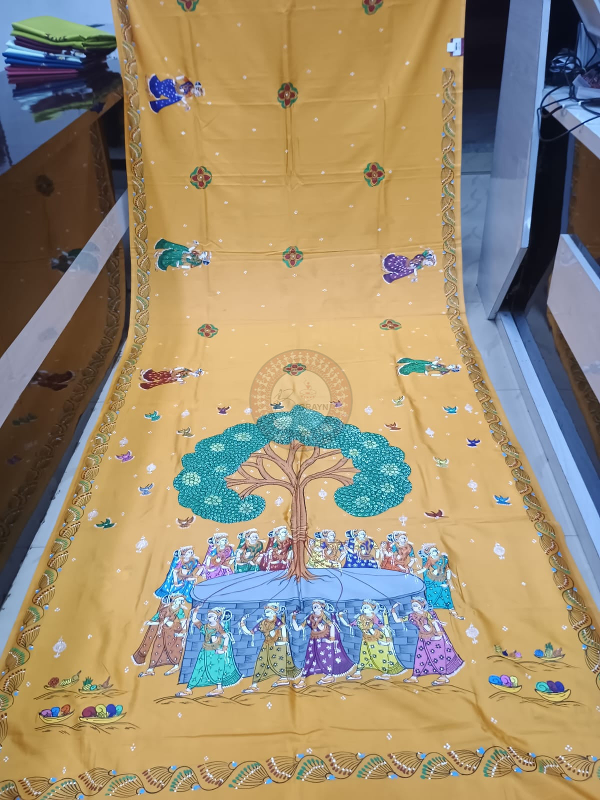 Mustard Yellow Bata Sabitri Theme Khadi Silk Hand-Painted Pattachitra Saree | Traditional Odisha Art | Bigrayn Handloom