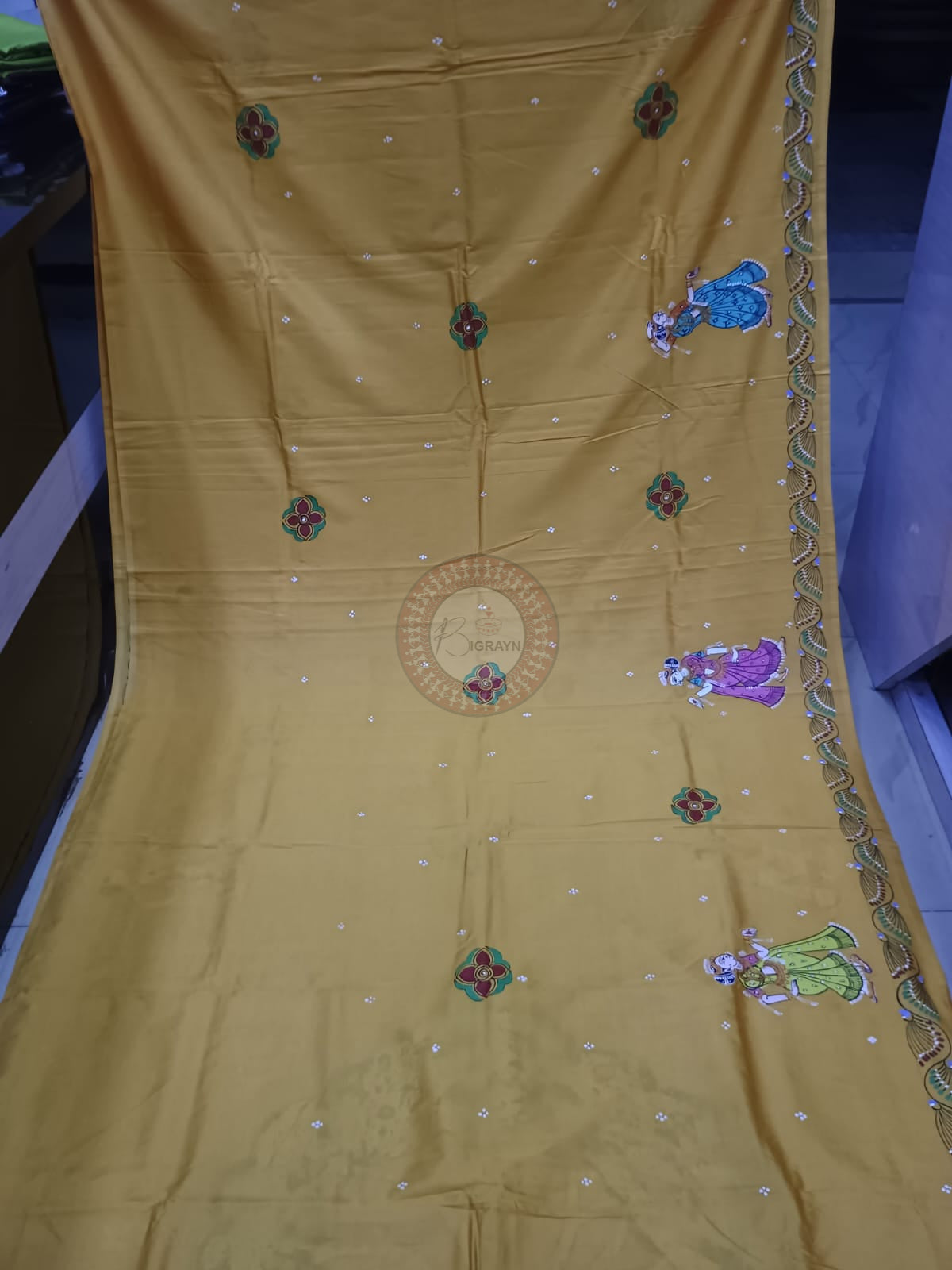 Mustard Yellow Bata Sabitri Theme Khadi Silk Hand-Painted Pattachitra Saree | Traditional Odisha Art | Bigrayn Handloom