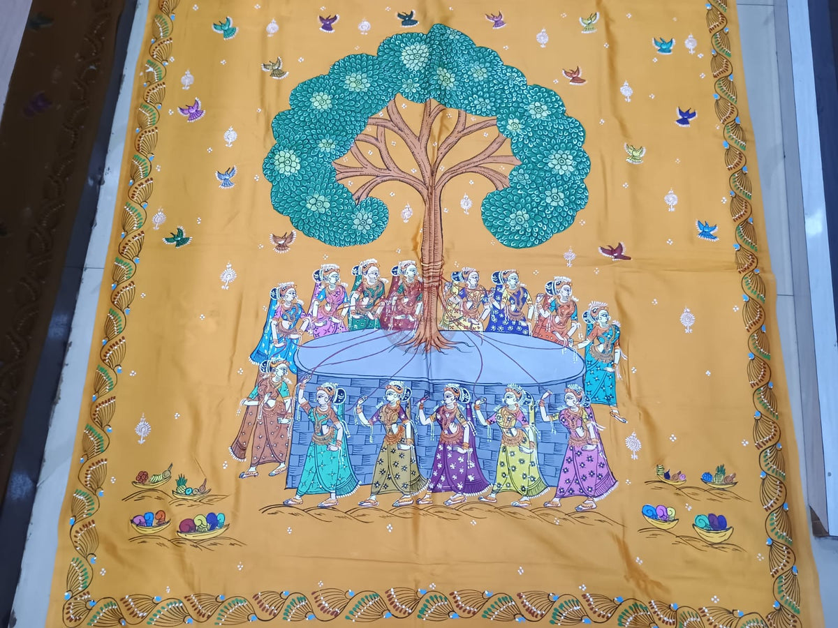 Mustard Yellow Bata Sabitri Theme Khadi Silk Hand-Painted Pattachitra Saree | Traditional Odisha Art | Bigrayn Handloom