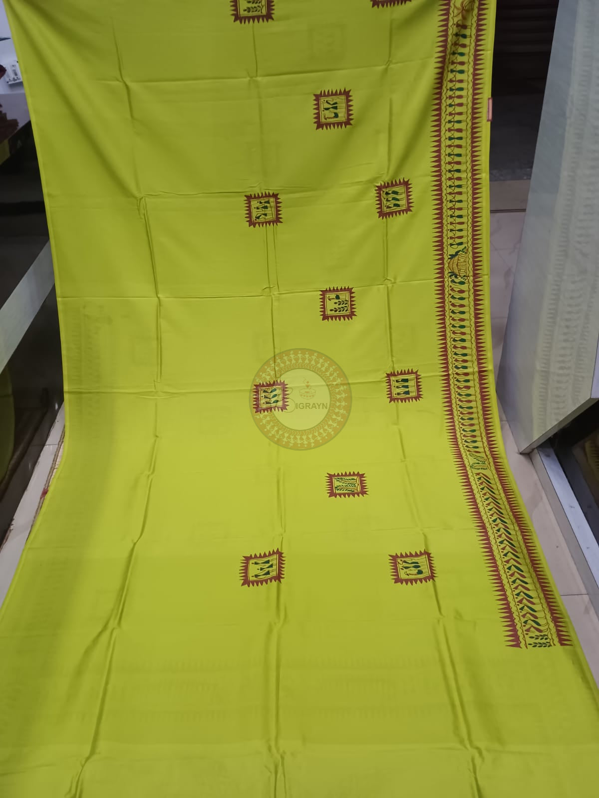 Neon Green Tribal Kandrapa Kalasa Theme Khadi Silk Hand-Painted Pattachitra Saree | Traditional Odisha Art | Bigrayn Handloom