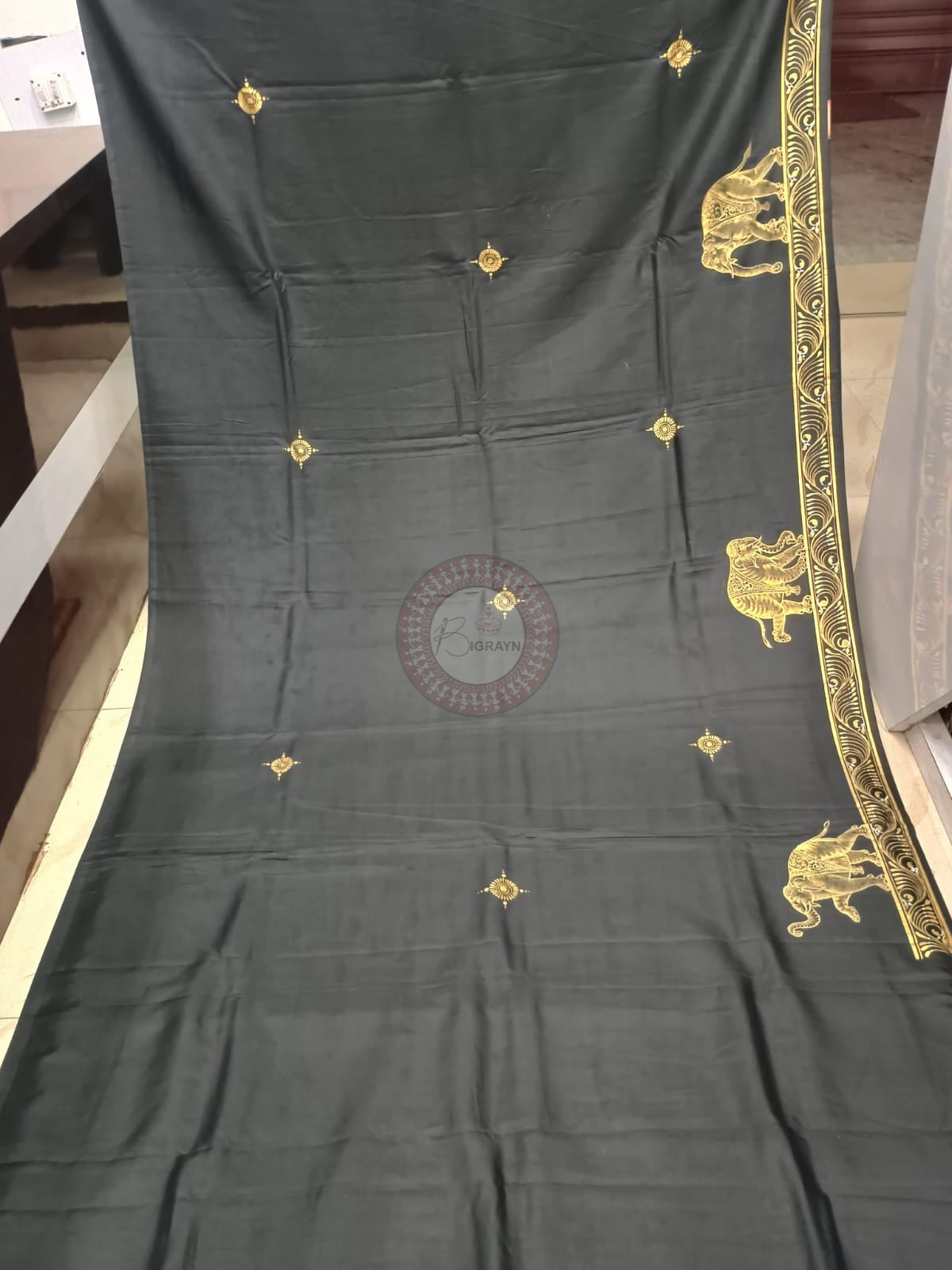 Black Kandarp Hasti Theme Khadi Silk Hand-Painted Pattachitra Saree | Traditional Odisha Art | Bigrayn Handloom
