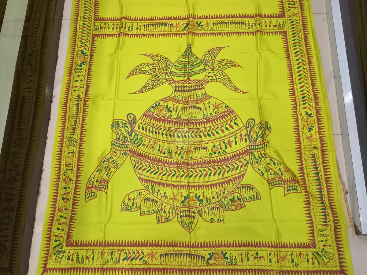 Neon Green Tribal Kandrapa Kalasa Theme Khadi Silk Hand-Painted Pattachitra Saree | Traditional Odisha Art | Bigrayn Handloom