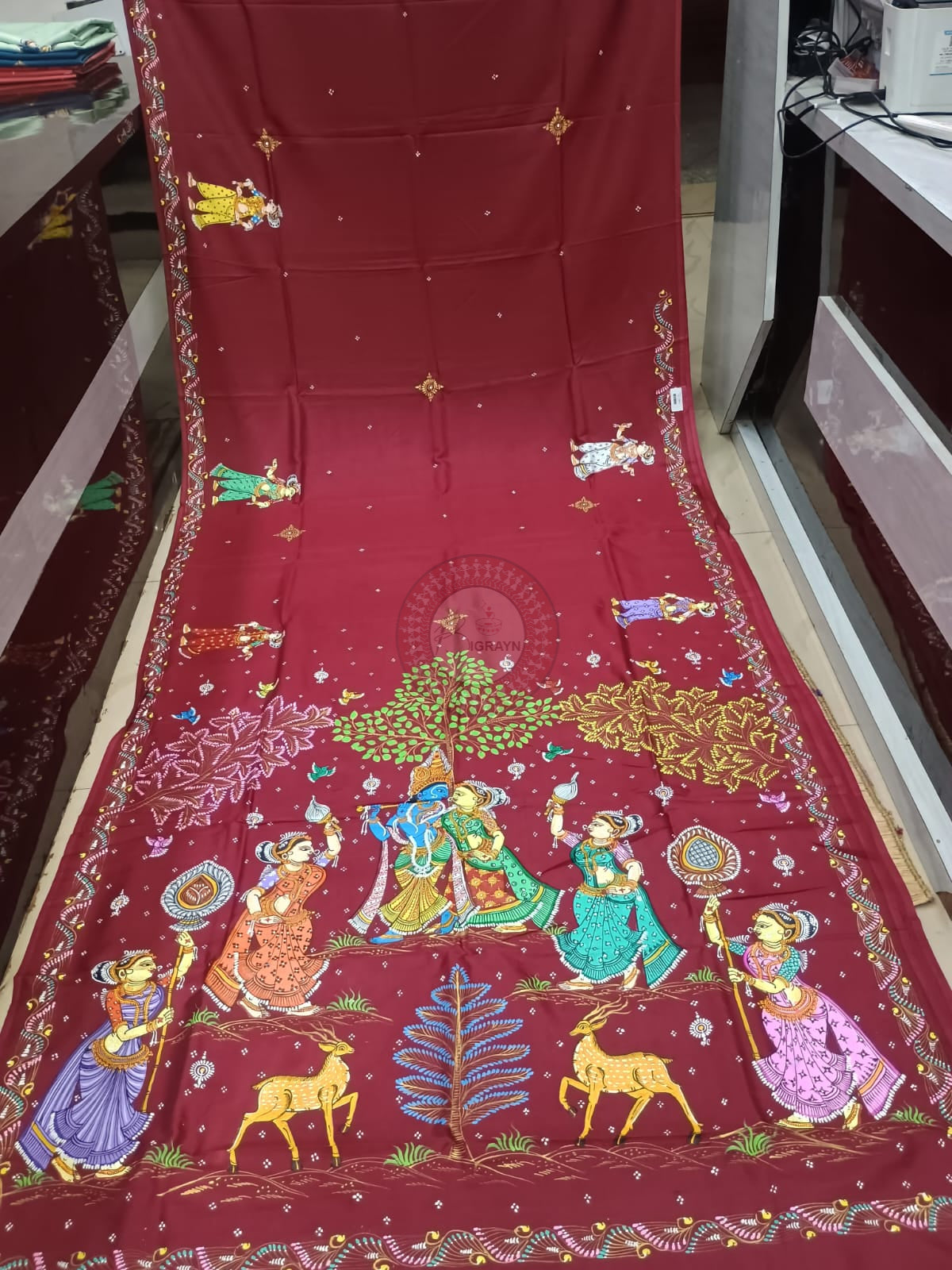 Maroon Radha Krishna Rasa Theme Khadi Silk Hand-Painted Pattachitra Saree | Traditional Odisha Art | Bigrayn Handloom