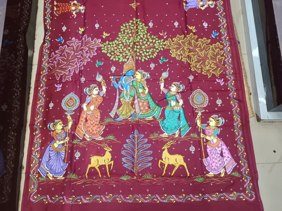 Maroon Radha Krishna Rasa Theme Khadi Silk Hand-Painted Pattachitra Saree | Traditional Odisha Art | Bigrayn Handloom